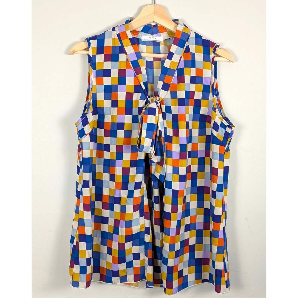 Poema Sleeveless Tie Neck Blouse XL Multi Color Checkered Geometric Top Dopamine